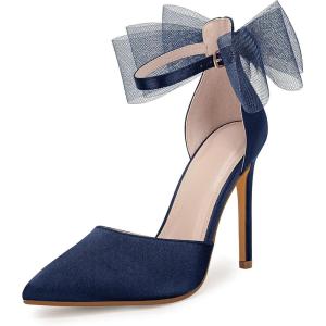imageCoutgo Womens Closed Pointed Toe High Heels with Bow Knot Ankle Strap Satin Stiletto PumpsNavy