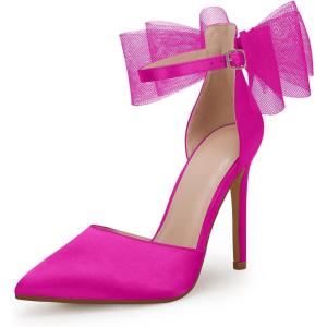 imageCoutgo Womens Closed Pointed Toe High Heels with Bow Knot Ankle Strap Satin Stiletto PumpsRose Red