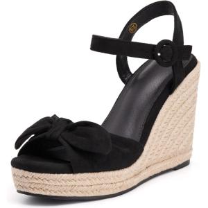 imageCoutgo Womens Espadrilles Wedges Bow Platform Sandals Open Toe Ankle Strap Summer Dress Heels Cute ShoesBlack