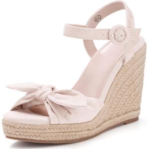 imageCoutgo Womens Espadrilles Wedges Bow Platform Sandals Open Toe Ankle Strap Summer Dress Heels Cute ShoesNude