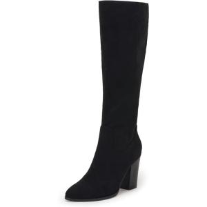 imageCoutgo Womens Faux Suede Knee High Boots Side Zipper Chunky Heel Stretch Winter BootsBlack