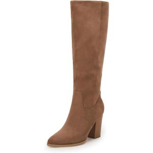 imageCoutgo Womens Faux Suede Knee High Boots Side Zipper Chunky Heel Stretch Winter BootsBrown