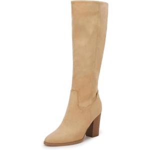 imageCoutgo Womens Faux Suede Knee High Boots Side Zipper Chunky Heel Stretch Winter BootsLight Khaki