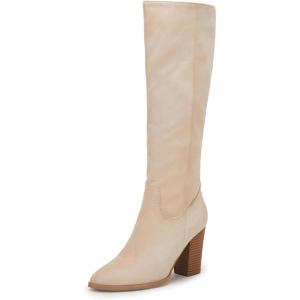 imageCoutgo Womens Faux Suede Knee High Boots Side Zipper Chunky Heel Stretch Winter BootsNude