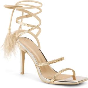 imageCoutgo Womens Strappy Heels Feather Rhinestone Sandals Lace up Sexy Stiletto Prom Dress ShoesGold