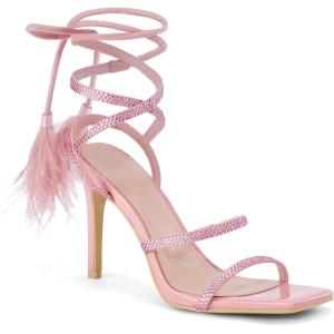 imageCoutgo Womens Strappy Heels Feather Rhinestone Sandals Lace up Sexy Stiletto Prom Dress ShoesPink