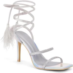 imageCoutgo Womens Strappy Heels Feather Rhinestone Sandals Lace up Sexy Stiletto Prom Dress ShoesSilver