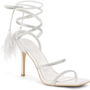 imageCoutgo Womens Strappy Heels Feather Rhinestone Sandals Lace up Sexy Stiletto Prom Dress ShoesWhite