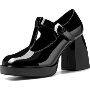 imageCoutgo Womens TStrap Platform Mary Janes Square Toe High Chunky Heels Dress Party Pumps ShoesBlack