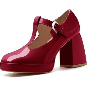 imageCoutgo Womens TStrap Platform Mary Janes Square Toe High Chunky Heels Dress Party Pumps ShoesBurgundy