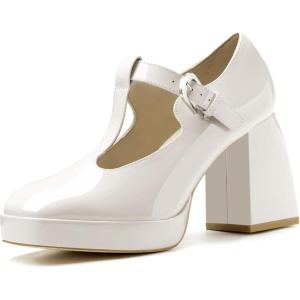 imageCoutgo Womens TStrap Platform Mary Janes Square Toe High Chunky Heels Dress Party Pumps ShoesCool White