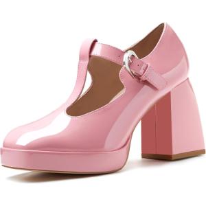 imageCoutgo Womens TStrap Platform Mary Janes Square Toe High Chunky Heels Dress Party Pumps ShoesPink