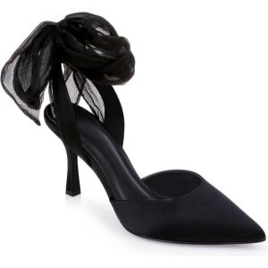 imageWomens Lace up Satin Heels Bow Pointed Closed Toe Bridal Dress Shoes Low Heel Wedding Elegant PumpsBlacksatin