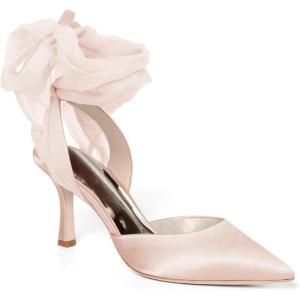 imageWomens Lace up Satin Heels Bow Pointed Closed Toe Bridal Dress Shoes Low Heel Wedding Elegant PumpsChampagne Pinksatin