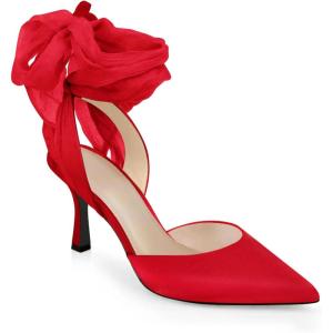 imageWomens Lace up Satin Heels Bow Pointed Closed Toe Bridal Dress Shoes Low Heel Wedding Elegant PumpsRedsatin