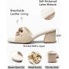 imageCoutgo Womens Raffia Slide Sandals Chunky Block Heeled Square Open Toe Metal Chain Slip on Mules Dressy ShoesBeige