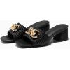 imageCoutgo Womens Raffia Slide Sandals Chunky Block Heeled Square Open Toe Metal Chain Slip on Mules Dressy ShoesBlack