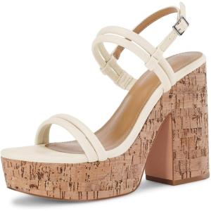 imageCoutgo Womens Cork Wedge Sandals Heels Open Toe High Heel Platform Slingback Ankle Strap Buckle Summer Dressy ShoesBeige