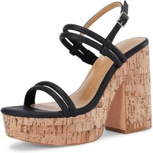 imageCoutgo Womens Cork Wedge Sandals Heels Open Toe High Heel Platform Slingback Ankle Strap Buckle Summer Dressy ShoesBlack