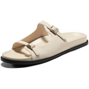 imageCoutgo Womens Flat Sandals Comfortable Wide Width Slides Double Strap Adjustable Buckle Slip on ShoesBeige Grey