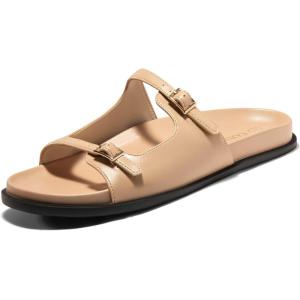 imageCoutgo Womens Flat Sandals Comfortable Wide Width Slides Double Strap Adjustable Buckle Slip on ShoesCamel