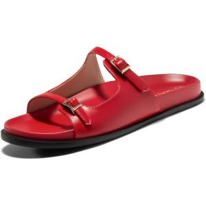 imageCoutgo Womens Flat Sandals Comfortable Wide Width Slides Double Strap Adjustable Buckle Slip on ShoesRed