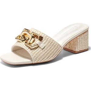 imageCoutgo Womens Raffia Slide Sandals Chunky Block Heeled Square Open Toe Metal Chain Slip on Mules Dressy ShoesBeige