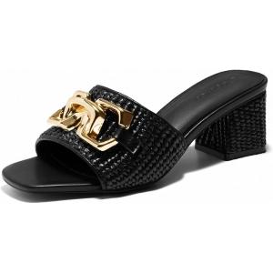 imageCoutgo Womens Raffia Slide Sandals Chunky Block Heeled Square Open Toe Metal Chain Slip on Mules Dressy ShoesBlack
