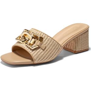 imageCoutgo Womens Raffia Slide Sandals Chunky Block Heeled Square Open Toe Metal Chain Slip on Mules Dressy ShoesKhaki