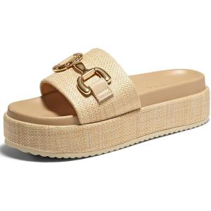imageCoutgo Womens Platform Sandals Raffia Espadrilles Metal Chain Slip on Open Toe Cute Beach Slide SandalsBeige