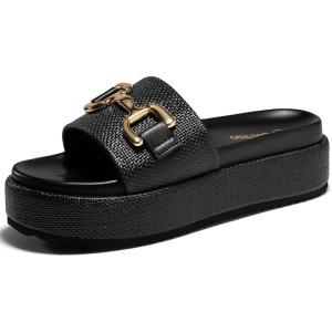 imageCoutgo Womens Platform Sandals Raffia Espadrilles Metal Chain Slip on Open Toe Cute Beach Slide SandalsBlack