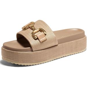 imageCoutgo Womens Platform Sandals Raffia Espadrilles Metal Chain Slip on Open Toe Cute Beach Slide SandalsCoffee