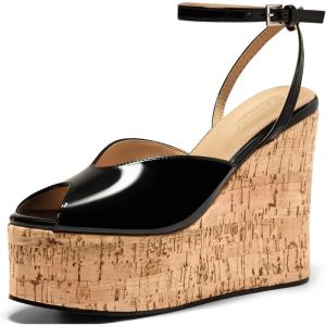 imageCoutgo Womens Platform Wedge Sandals Cork Dressy Peep Toe Ankle Buckle Strap High Heels Summer ShoesBlack