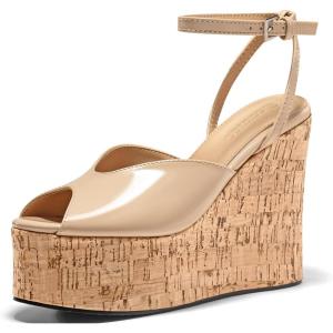 imageCoutgo Womens Platform Wedge Sandals Cork Dressy Peep Toe Ankle Buckle Strap High Heels Summer ShoesKhaki