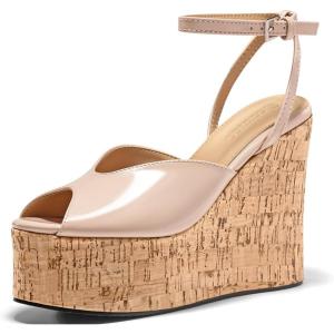 imageCoutgo Womens Platform Wedge Sandals Cork Dressy Peep Toe Ankle Buckle Strap High Heels Summer ShoesNude Pink