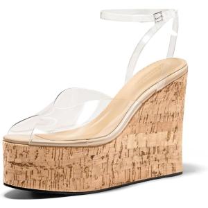 imageCoutgo Womens Platform Wedge Sandals Cork Dressy Peep Toe Ankle Buckle Strap High Heels Summer ShoesTransparent