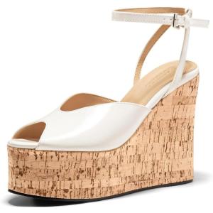 imageCoutgo Womens Platform Wedge Sandals Cork Dressy Peep Toe Ankle Buckle Strap High Heels Summer ShoesWhite