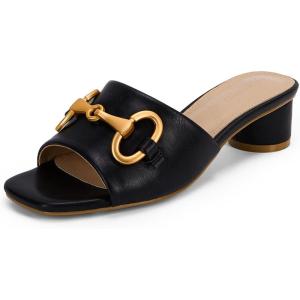 imageCoutgo Womens Slide Sandals Square Open Toe Slip on Comfortable Mules Block Low Heel Metal Chain Dressy ShoesBlack