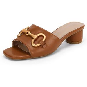 imageCoutgo Womens Slide Sandals Square Open Toe Slip on Comfortable Mules Block Low Heel Metal Chain Dressy ShoesBrown