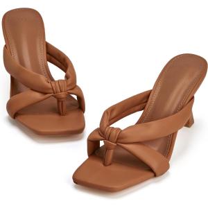 imageCoutgo Womens Thong Heels Mules Square Toe Heeled Flip Flops Mule Sexy Stiletto Dress Party SandalsBrown
