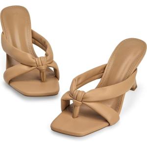 imageCoutgo Womens Thong Heels Mules Square Toe Heeled Flip Flops Mule Sexy Stiletto Dress Party SandalsKhaki