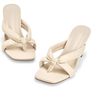 imageCoutgo Womens Thong Heels Mules Square Toe Heeled Flip Flops Mule Sexy Stiletto Dress Party SandalsNude