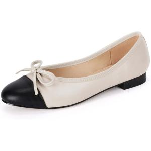 imageCoutgo Womens Cap Toe Ballet Flats Bow Pointed Toe Slip On Office Work Comfort Dress Party Flat ShoesBeige