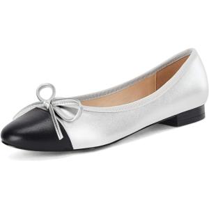 imageCoutgo Womens Cap Toe Ballet Flats Bow Pointed Toe Slip On Office Work Comfort Dress Party Flat ShoesSilver
