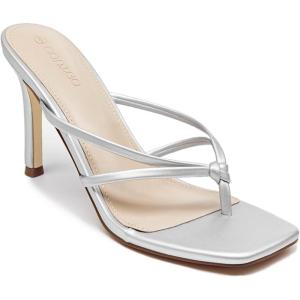 imageCoutgo Womens Heeled Sandals Strappy Square Toe Flip Flops Fashion Thong Slip on Stiletto SandalsSilver
