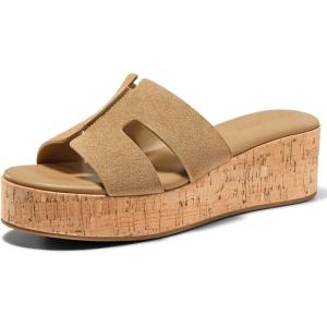 imageCoutgo Womens Platform Wedge Sandals Open Toe Slip On Slides Cork Heeled Cutout Comfortable Summer ShoesCoffee