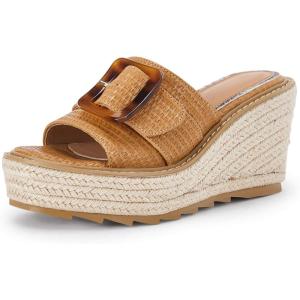 imageCoutgo Womens Wedge Platform Espadrille Slide Sandals Slip On Open Toe High Heels Buckle Casual Summer ShoesLight Brown