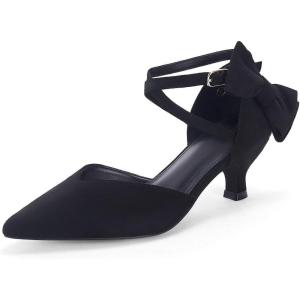 imageCoutgo Womens Low Kitten Heel Bow Heels Dress Shoes Closed Pointed Toe Ankle Strap Elegant Wedding Party PumpsBlack