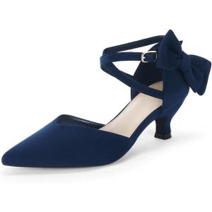 imageCoutgo Womens Low Kitten Heel Bow Heels Dress Shoes Closed Pointed Toe Ankle Strap Elegant Wedding Party PumpsNavy