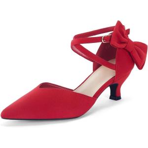 imageCoutgo Womens Low Kitten Heel Bow Heels Dress Shoes Closed Pointed Toe Ankle Strap Elegant Wedding Party PumpsRed